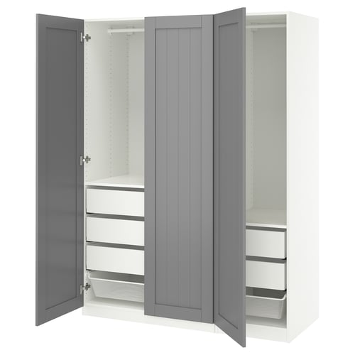 PAX closet, white and grey, open showing shelves and drawers.
