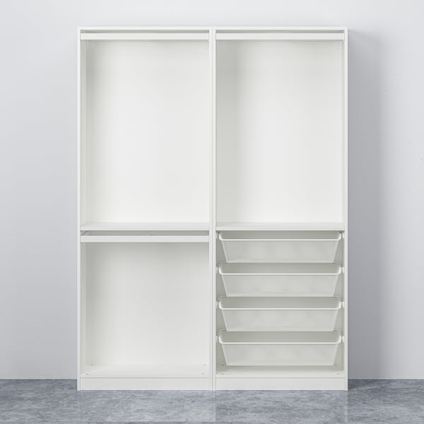 White wardrobe with mesh baskets and sliding doors, space-efficient and air-circulating storage.