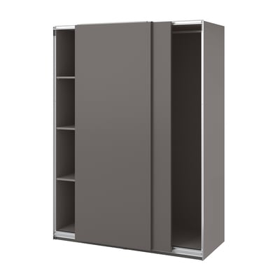 Tenstar wardrobe: grey sliding doors, metal rail, particleboard frame, minimalist design.