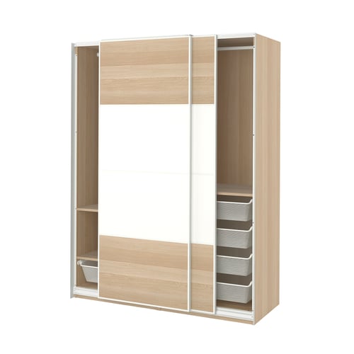 Modern PAX wardrobe with light wood finish, sliding doors, metal accents, and mesh baskets.