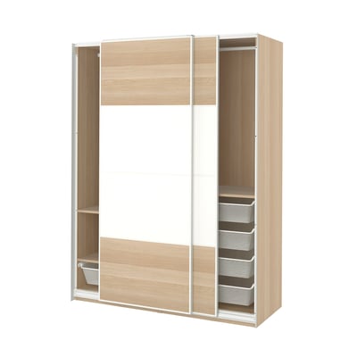 Modern PAX wardrobe with light wood finish, sliding doors, metal accents, and mesh baskets.