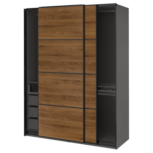 Black & wood IKEA PAX wardrobe with sliding doors, adjustable feet, and storage.