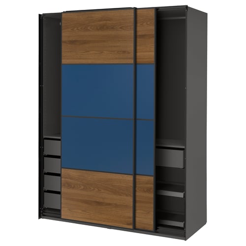 Modern wardrobe: IKEA PAX with blue & wood sliding doors, metal frame.