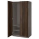PAX wardrobe, dark-brown, tall, rectangular, with two open doors revealing interior shelves, soft-close hinges.