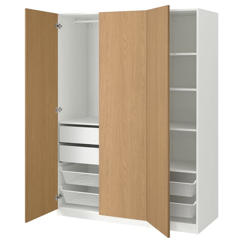 White & wood PAX wardrobe with open doors, mesh drawers, & hanging space.