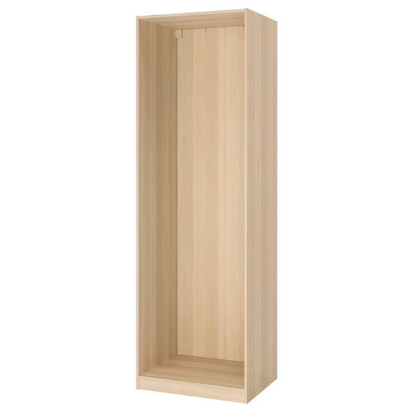 Light wood PAX wardrobe frame, tall and rectangular, minimalist design, no doors, empty interior, standing against white background.