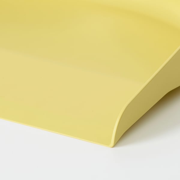 Lightweight, yellow dustpan with curved edge, designed for efficient cleaning.