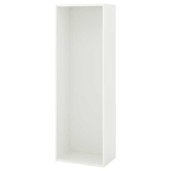 A white PLATSA storage unit. It is a tall, rectangular, and open bookshelf, designed for easy assembly.