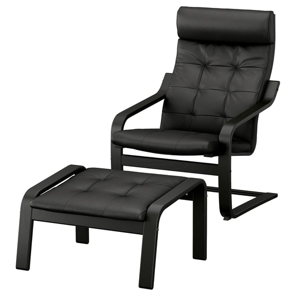 A black leather reclining armchair with a matching footstool. The design curved lines and tufted cushions for comfort.