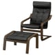 Black leather recliner chair & footstool, wooden frame, tufted seat/back.