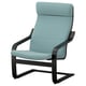 IKEA POÄNG chair in light blue fabric with black frame, high back, armrests, and cushioned seat. Modern, ergonomic design.