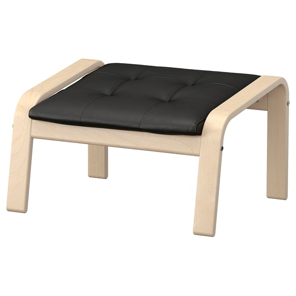 POÄNG footstool: light wood, black leather seat, curved legs, tufted cushion.