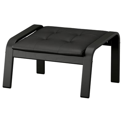 Black leather footstool with wooden legs, tufted cushion, sleek curved frame. Comfortable and stylish for relaxation.