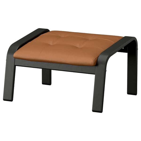 POÄNG footstool: brown leather, black wooden frame, square cushioned top.
