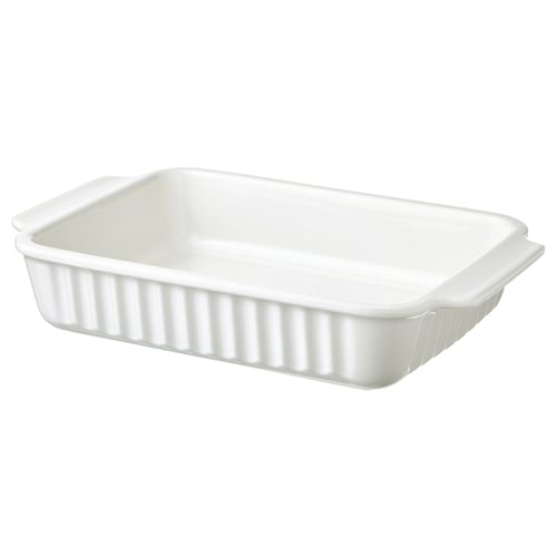 A white POETISK baking dish made of stoneware, rectangular with handles and ribbed design.