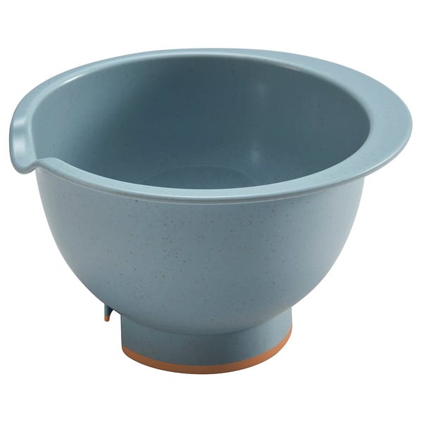 Round blue plastic mixing bowl with handle and anti-slip base.