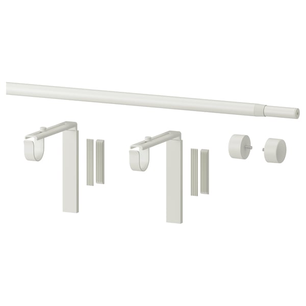 A white RÄCKA curtain rod set with adjustable brackets and finials.