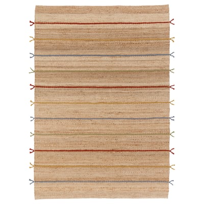 RAKLEV striped jute rug with wool tassels, beige and multicoloured, rectangular, handwoven.