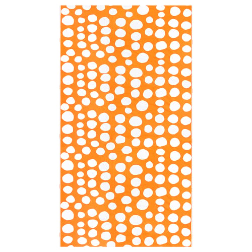 Bright orange fabric with white irregular dots, perfect for crafting curtains or decorations. Made from 100% cotton.