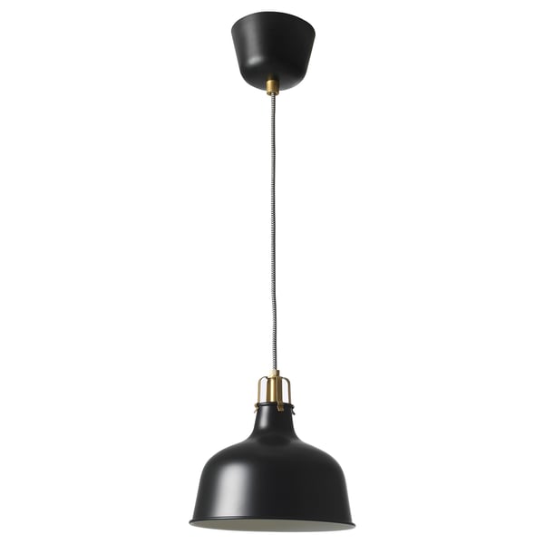 Black RANARP pendant lamp. A round shade, brass details, and a braided cord. Industrial vintage design.