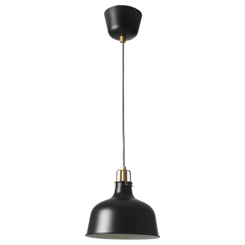 Black RANARP pendant lamp. A round shade, brass details, and a braided cord. Industrial vintage design.
