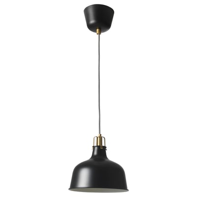 Black RANARP pendant lamp. A round shade, brass details, and a braided cord. Industrial vintage design.