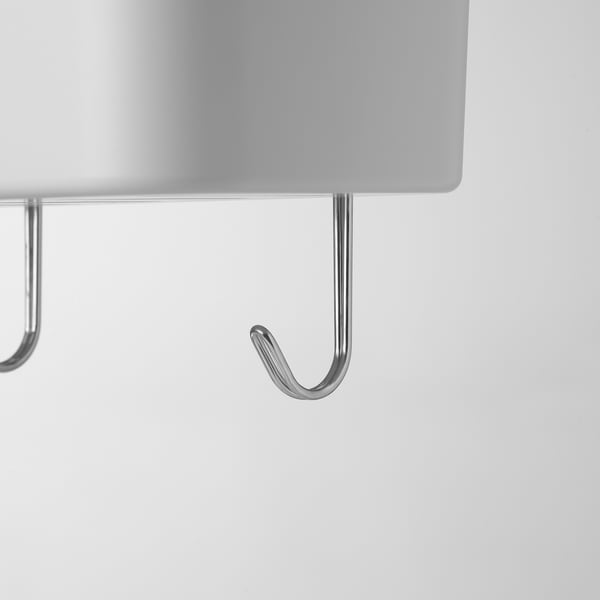 Close-up of durable chrome hooks affixed to a sturdy plastic bathroom organiser.