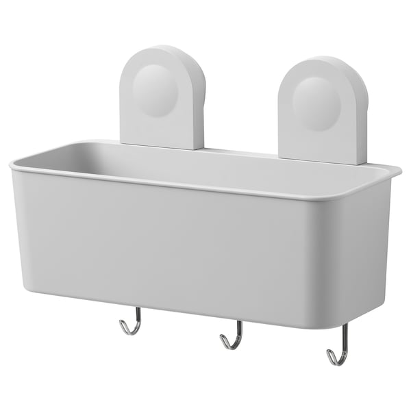 White RÅNEN wall basket with suction & hooks, perfect for organising bathroom toiletries.