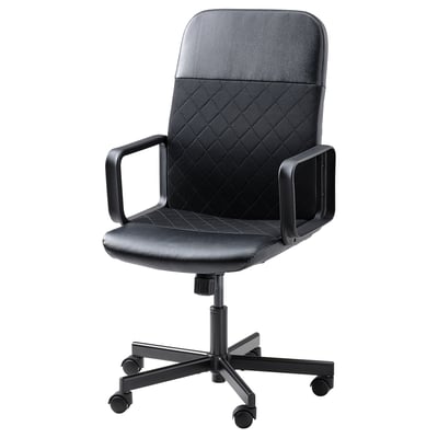 Black RENBERGET office chair with armrests, mesh back, adjustable height, and casters.