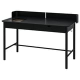 Black RIDSPÖ desk with glass drawer, cable management, shield, and angled legs.