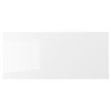 Displays a white, glossy RINGHULT kitchen cabinet front with straight lines and durable, easy-clean material.