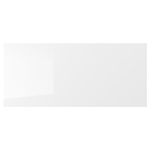 Displays a white, glossy RINGHULT kitchen cabinet front with straight lines and durable, easy-clean material.