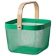 A green RISATORP mesh basket with a wooden handle. The basket is rectangular and has a sturdy design for easy carrying.