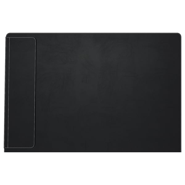 Black rectangular desk pad, smooth, elegant, freely stands with bent edge for stability, protects desks from scratches.