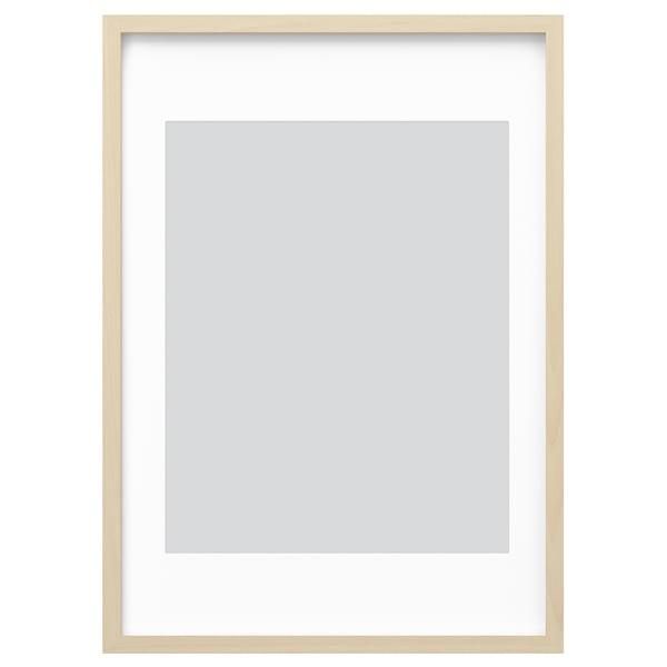 Modern RÖDALM picture frame with light wood design, plastic front protection for safety, can hang vertically or horizontally.