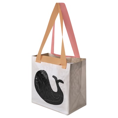 ROMELSÖN bag: grey with black whale design, pink handles, square shape, made from recycled polypropylene.