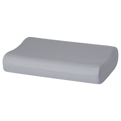 A grey, ergonomic pillow named ROSENSKÄRM. It has a contoured shape for neck support and is covered in a soft fabric.