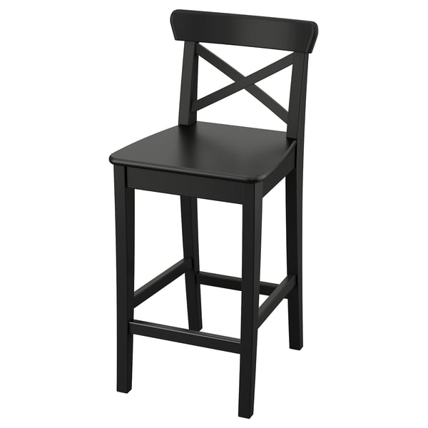 A black ROSENTORP bar stool with a square seat, backrest, and four-legged frame; sturdy, wooden design.