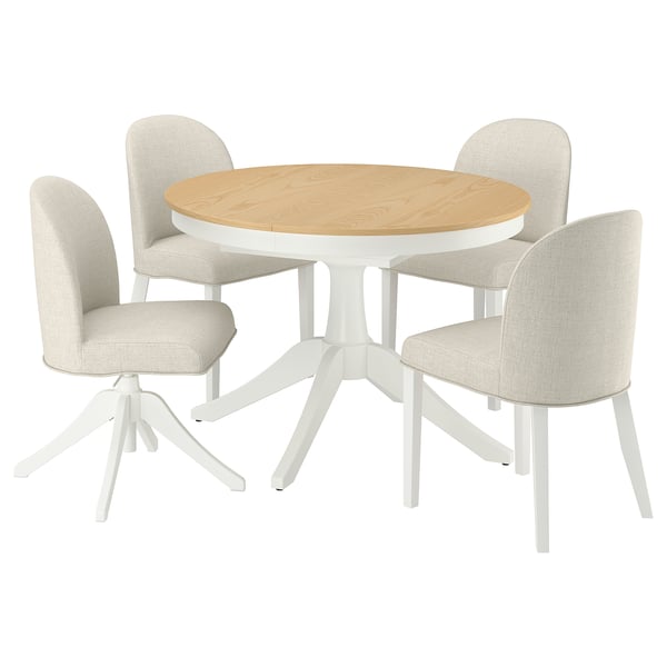 Round ROSENTORP dining set: white table, beige chairs. Modern minimalist design.