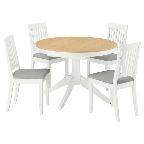 ROSENTORP dining set: round table, 4 grey-cushioned chairs, slatted backs.
