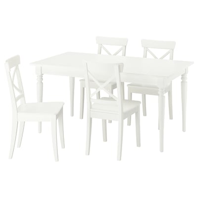 White ROSENTORP extending table and 4 chairs. Wooden, classic design. Includes self-storing leaf.