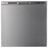 A stainless steel dishwasher. Brand: panasonic. It a sleek, rectangular design with control panel at the top.