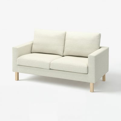 A modern beige loveseat, featuring clean lines and durable fabric for a stylish, comfortable seating option.