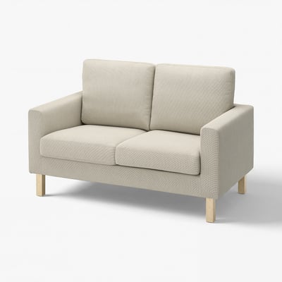 A beige SALTSJÖBADEN loveseat with wooden legs. It has a simple, clean design with supportive cushions.