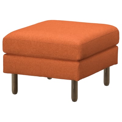 Bright orange square footstool with wooden legs, modern design.