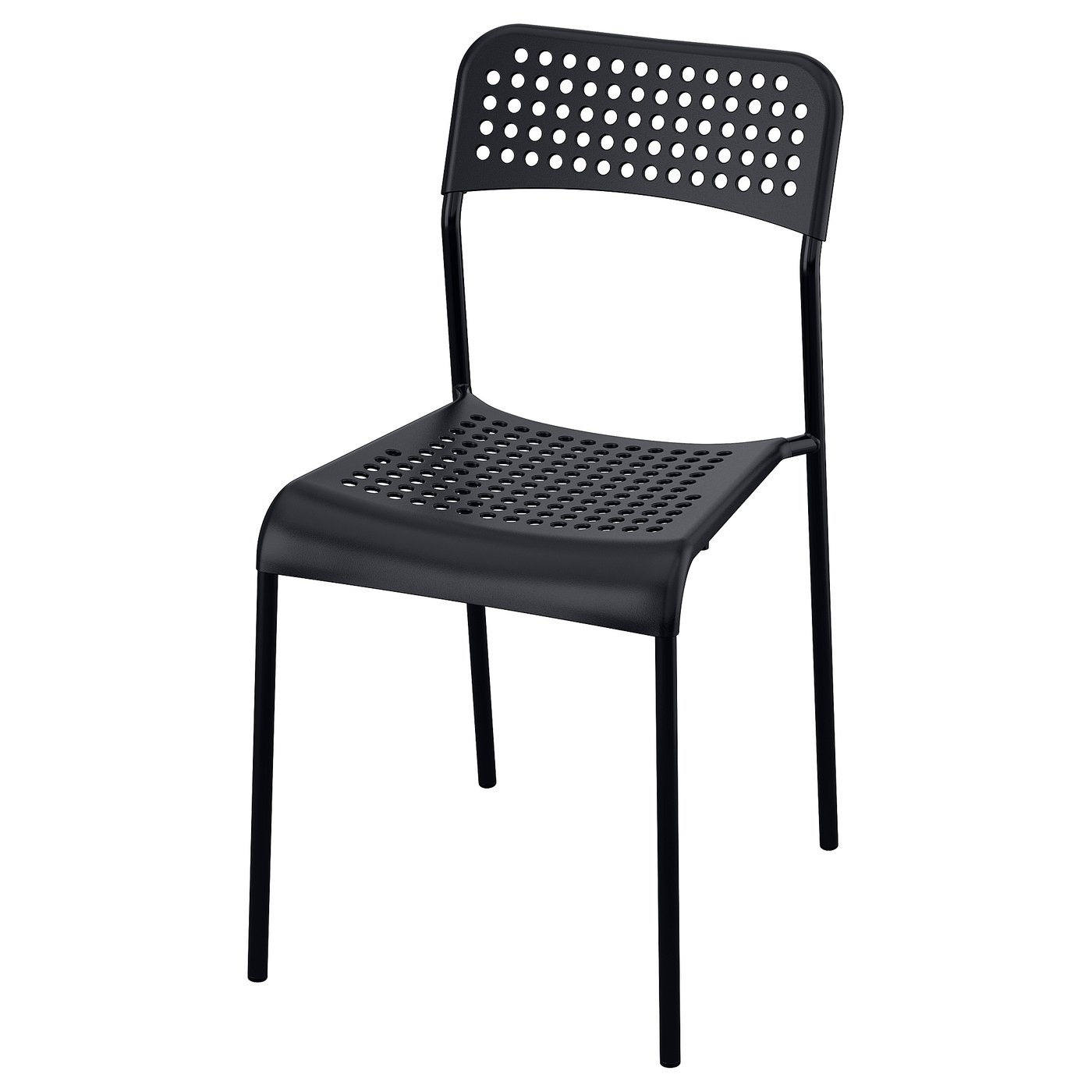 Black plastic and steel chair with dotted back and seat, designed for stacking.