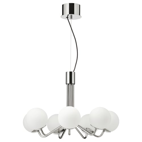 A modern chrome chandelier with six frosted globes and polished finish.