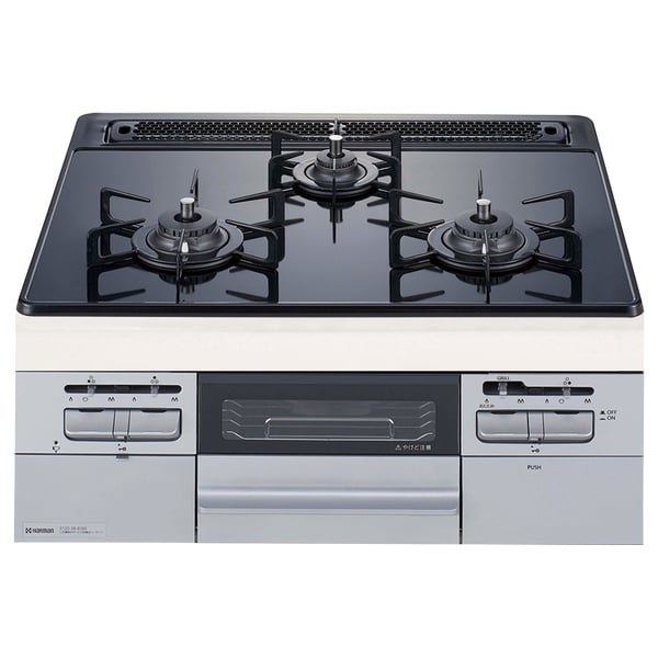 Stainless steel gas range with 4 burners. Digital controls, oven below. Sleek modern design.