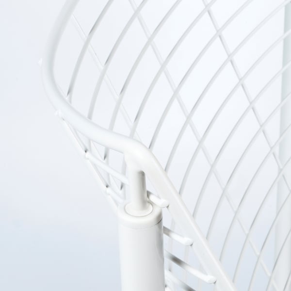 Close-up of SKÅLBODA chairs sturdy plastic armrest and lattice back, showcasing its robust design and durability.