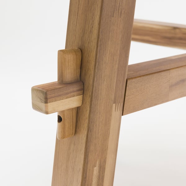 Close-up of SKOGSTA table joint; craftsmanship, solid acacia wood, and fine finish.